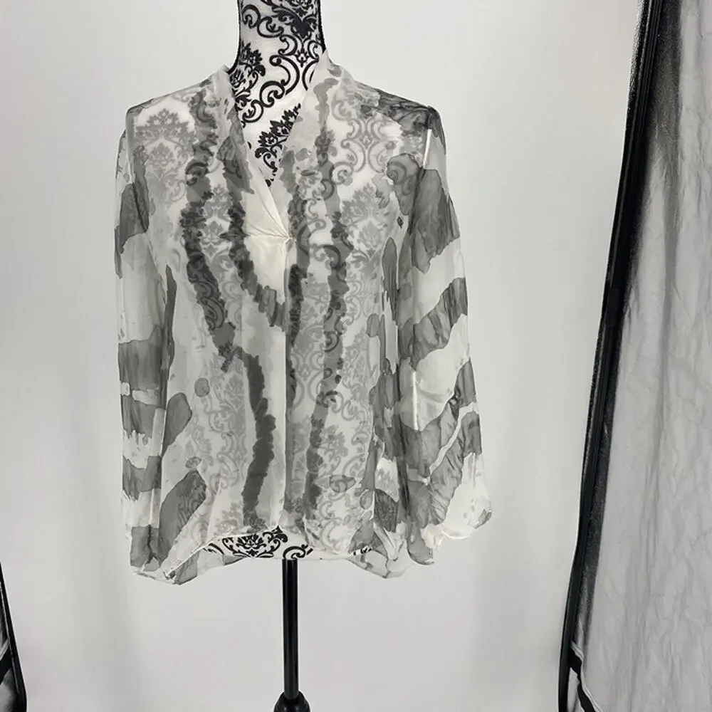 Belle France White & Gray Sheer Silk Blend Cover-Up Blouse Roll Tab Sleeves M - Picture 2 of 9